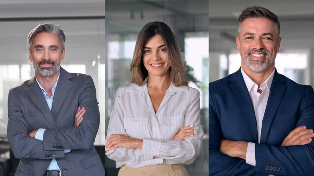 Collage portrait of diverse mature mix businessman, businesswoman standing confident and proudly in office. 40s mature businesspeople, business man, entrepreneur woman looking at camera and smile.