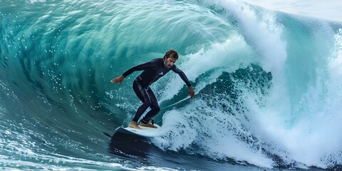 A man is surfing on a wave in the ocean. The water is choppy and the man is riding the wave with skill. Concept of excitement and adventure