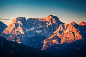 A splendid view of mighty rocks in the Italian Alps. National Park Tre Cime di Lavaredo, Italy,...