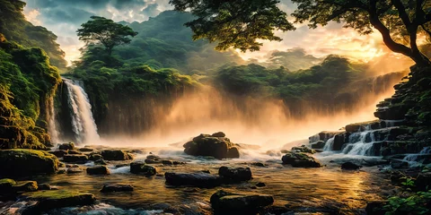 Fotobehang Fantasy landscape with waterfalls, panorama. © Olga Khoroshunova