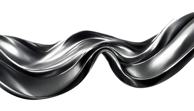 Abstract fluid metal bent form. Metallic shiny curved wave in motion. Cut out design element steel texture effect.