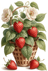Painting of strawberry and leaf in basket on white background