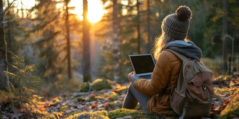 A woman is sitting on the ground in a forest, wearing a hat and a backpack