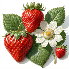 Painting of strawberry and leaf on white background