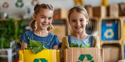 Two young girls are holding up boxes with plants in them, smiling and looking happy. The boxes are labeled recycle and reuse