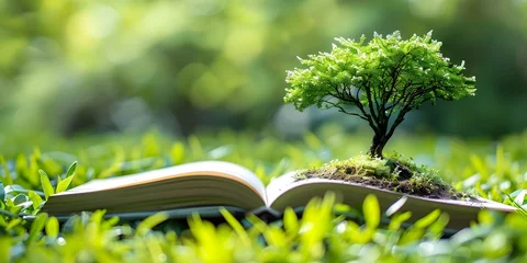 Fotobehang A tree is growing on top of an open book. The book is on a grassy field © Wuttichai