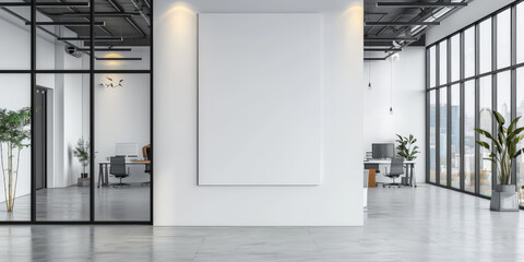 White blank wall in a modern office interior with glass doors and windows, mockup template,banner - obrazy, fototapety, plakaty