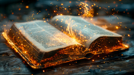 An open book with glowing pages and sparkling embers flying out against a dark wooden background