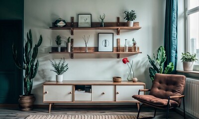 Wood floating shelf with frames and vases on white wall. Storage organization for home. Interior design of modern living room