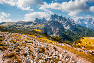 Italian Alps and Cadini di Misurina range. Tre Cime di Lavaredo, Sexten Dolomites, Italy, South Tyrol, Europe. - obrazy, fototapety, plakaty