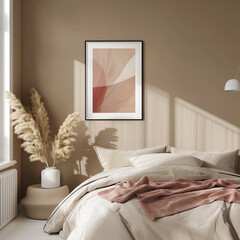 Pastel Coral Pink. A poster of the model with a square frame on an empty beige wall in the bedroom interior