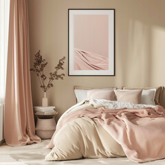 Pastel Coral Pink. A poster of the model with a square frame on an empty beige wall in the bedroom interior