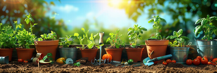  gardening tools and plants in pots in field with sunlight and blu sky background.  banner - obrazy, fototapety, plakaty
