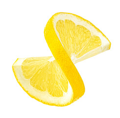 Twisted lemon slice isolated on white background, full depth of field