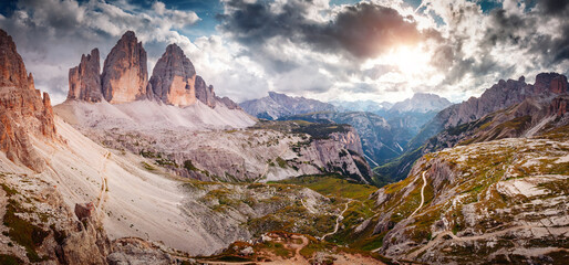 A mighty rocky massif Tre Cime di Lavaredo (Drei Zinnen). Italian Alps, Sexten Dolomites, South Tyrol, Europe.