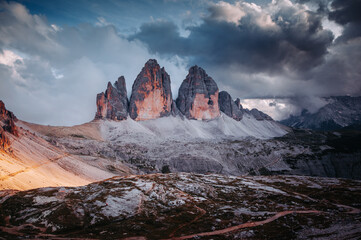 Fototapeta premium A mighty rocky massif Tre Cime di Lavaredo (Drei Zinnen). Italian Alps, Sexten Dolomites, South Tyrol, Europe.