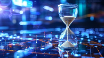 An AI-powered hourglass depicting the timely efficiency of automated HR processes, managing workforce dynamics with precision and foresight./
