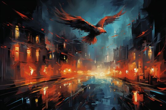 Urban decay eagle with painted wings in dark crimson comic art style soaring in american city