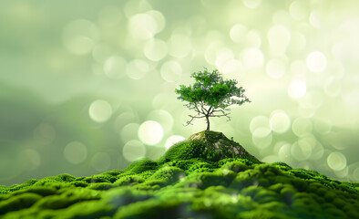 Tree on moss with bokeh background. Ecology and environment concept.Lone Tree Amidst Ethereal Morning Dew: A Serene Landscape Bathed in Soft Sunlight