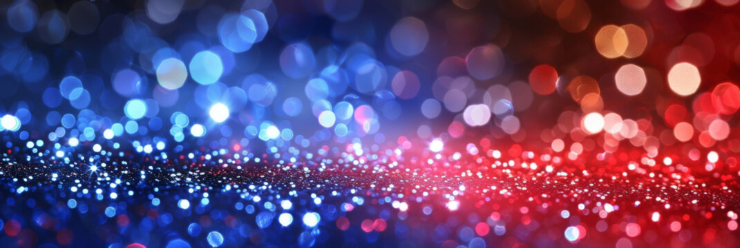 Naklejki Abstract red white and blue glitter background with bokeh lights, red blue glitter sparkle on dark background, blue red  circle bokeh, defocused, banner