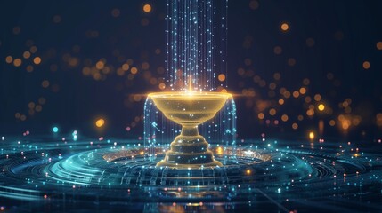 A virtual fountain of knowledge fueled by AI, symbolizing the continuous flow of insights and learning opportunities for HR professionals in the digital era - obrazy, fototapety, plakaty