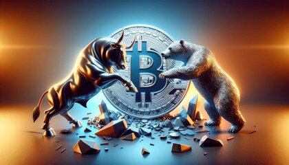Artistic depiction of a bull and bear clashing over a Bitcoin, symbolizing market volatility.