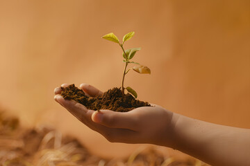 Human hand holding a small green plant on a brown background with copy space.Nurturing Growth: A Hand Holding a Sprouting Plant Against a Warm Background