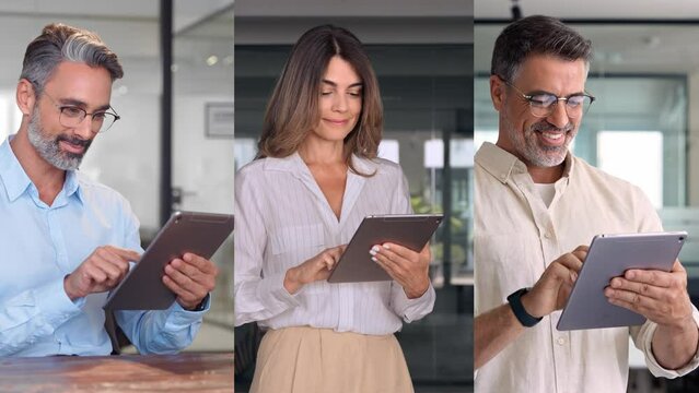 Collage diverse mature mix businessman, businesswoman working online on digital tablet pc app standing in office. 40s mature businesspeople, business man, entrepreneur woman using technology device