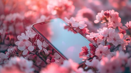 Smartphone surrounded by blooming flowers showcasing a romantic wallpaper in a spring setting
