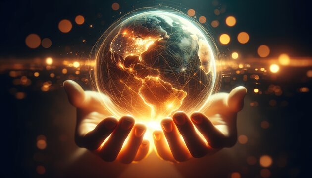 Warm hands tenderly holding a glowing globe against a dark knitted background, depicting care and global connection.