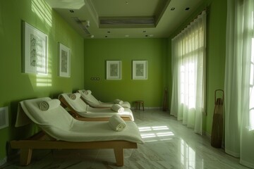 Fototapeta na wymiar Tranquil pistachio-colored spa relaxation room with comfortable loungers and soft lighting