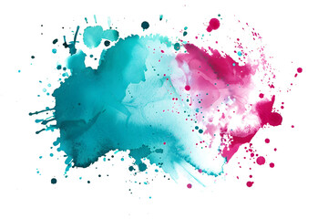 Turquoise and magenta splashed watercolor paint on white background. - obrazy, fototapety, plakaty