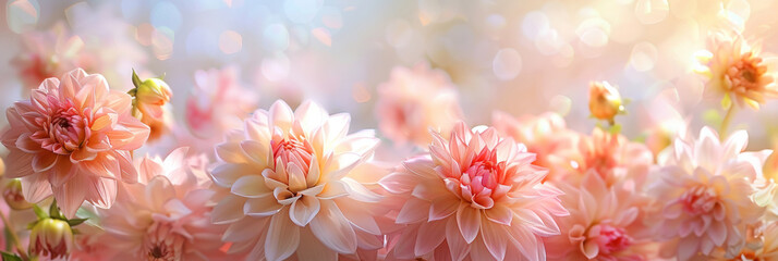 A closeup of delicate pastel-colored peonies and dahlias flowers  on blur background, banner