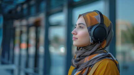 Contemplative Arab woman wearing a hijab and headphones outdoors