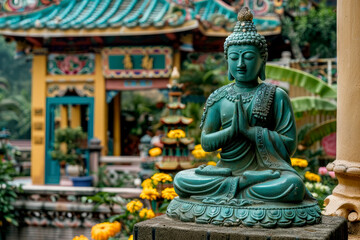 Fototapeta na wymiar A praying Buddha statue in a serene temple courtyard with flowers, generative ai