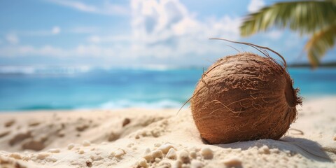 Coconut on sandy shore against turquoise sea backdrop, Concept of peaceful beach retreat and nature's simplicity