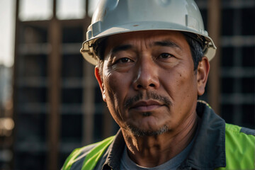 Erfahrener chinesischer Bauarbeiter mit Helm vor Baustellenhintergrund