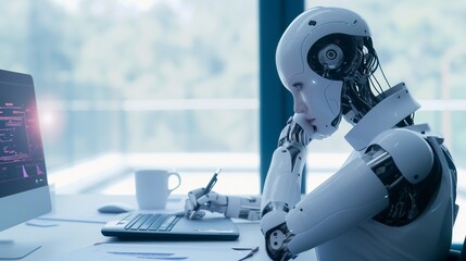 A futuristic cyborg penning down innovative HR strategies, blending artificial intelligence seamlessly into the corporate landscape.