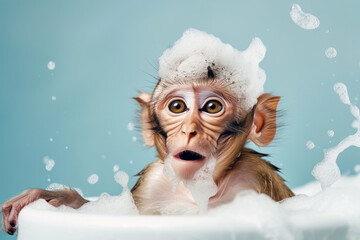 Portrait of a surprised Monkey in Bath with foam isolated solid blue background - obrazy, fototapety, plakaty