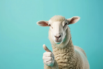 Sheep showing thumb up isolated on color solid background.