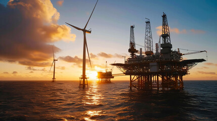 Wind turbines towering over an oil rig juxtaposing eco-energy and industrial might
