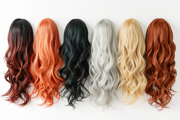 A row of wigs with different hair colors on white background