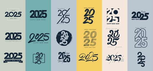 Big collection of 2025 Happy New Year signs. 2025 Happy New Year symbols. Greeting card artwork, brochure template set. Vector illustration with black holiday labels isolated on white background.