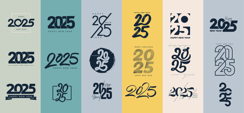 Big collection of 2025 Happy New Year signs. 2025 Happy New Year symbols. Greeting card artwork, brochure template set. Vector illustration with black holiday labels isolated on white background.