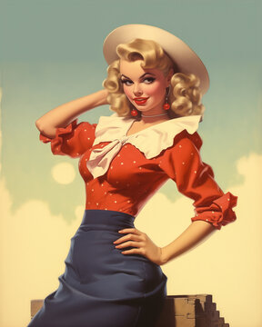 1950's style Pin-up poster of western cowgirl. Playful and feminine, nostalgia and glamour reminiscent of the mid-20th century.