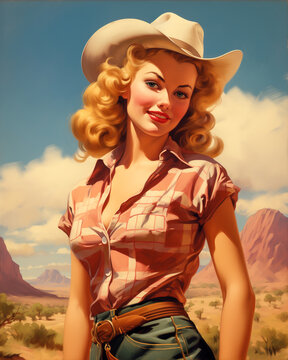 1950's style Pin-up poster of western cowgirl. Playful and feminine, nostalgia and glamour reminiscent of the mid-20th century.