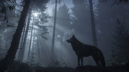 Wolf silhouette against twilight sky low-angle shot