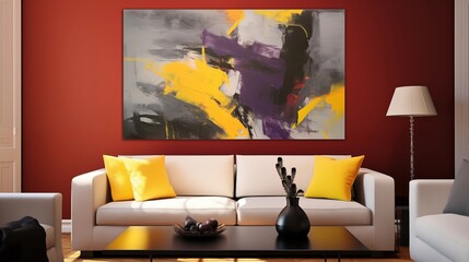 Add a yellow accent wall with a bold abstract painting for a contemporary vibe.