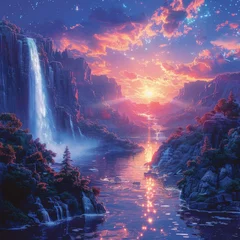 Schilderijen op glas Waterfall haven cascading from celestial heights galactic backdrop © AlexCaelus