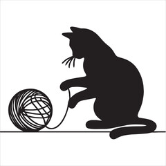 Cat playing with a ball of thread, black silhouette, one continuous line simple minimalist design from pets stencil, vector drawing on transparent background.